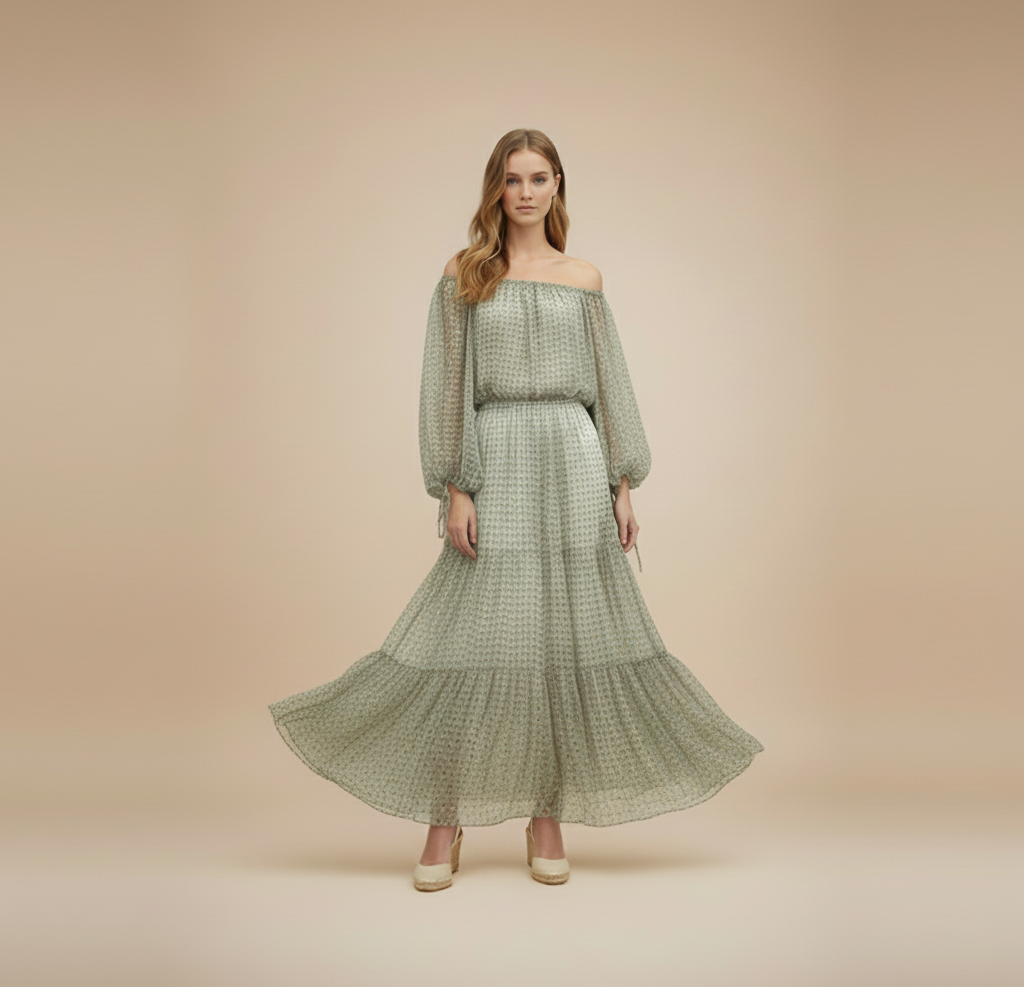 Checkered Sage Off-the-Shoulder Blouse & Maxi skirt Set | L’LUXE Luxury Edit