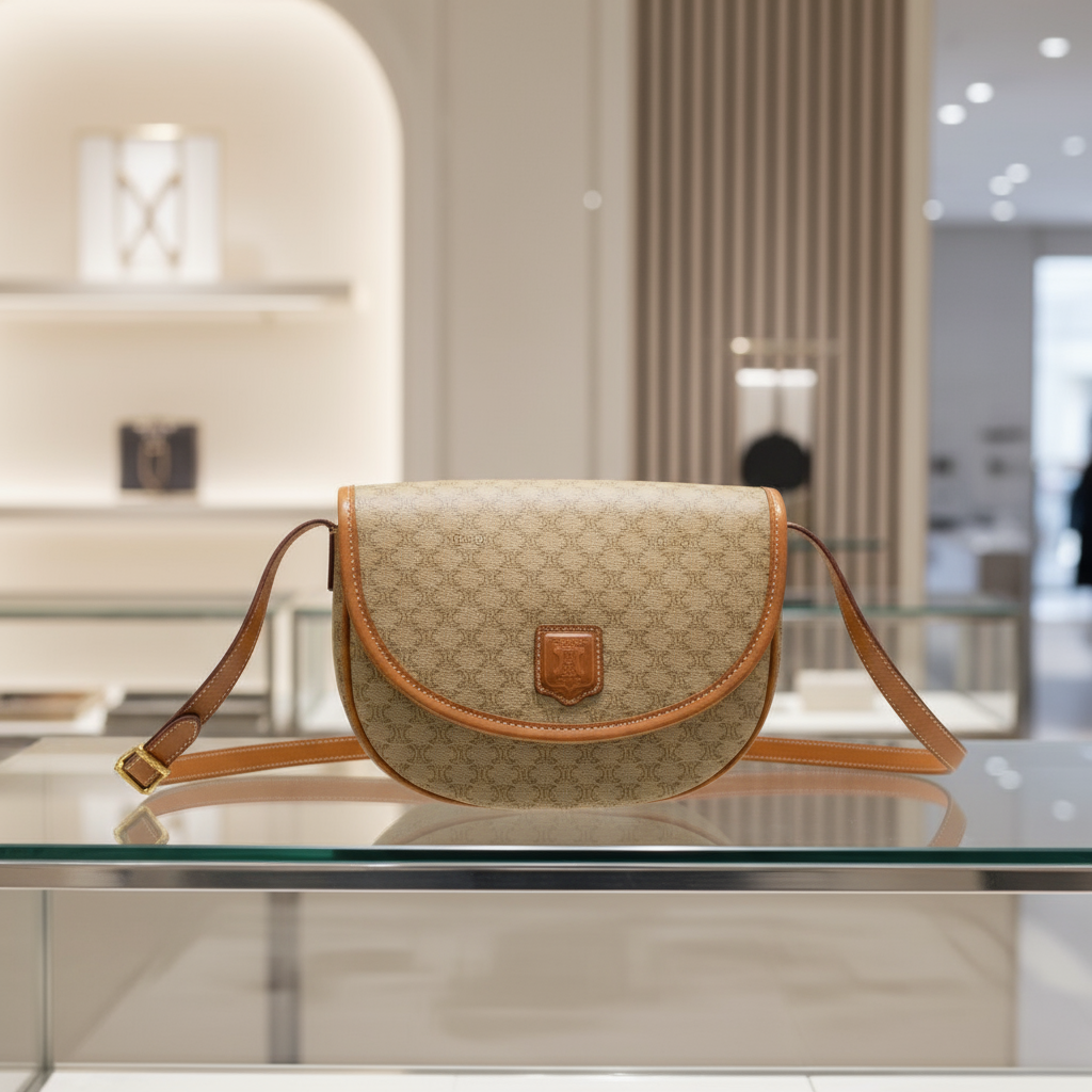 CELINE – Macadam Blazon Triomphe Logo Shoulder Bag – Beige Leather & PVC – 100% Authentic ✨Previously Owned Very Good Condition ~36% Off MSRP