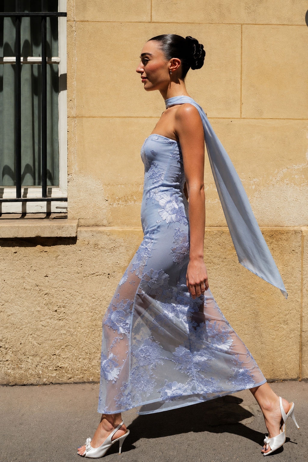 Blue Strapless Embroidered Mesh Maxi Dress with Neck Scarf