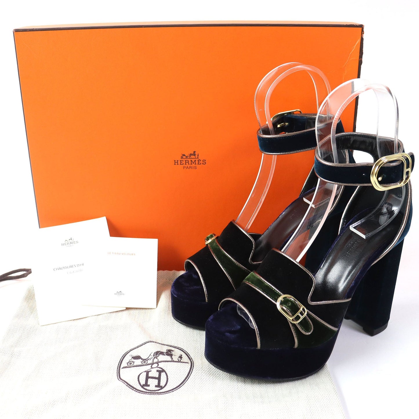 HERMÈS Violetta Ankle Strap Chunky Heel Sandals in Navy Velor, Size 36