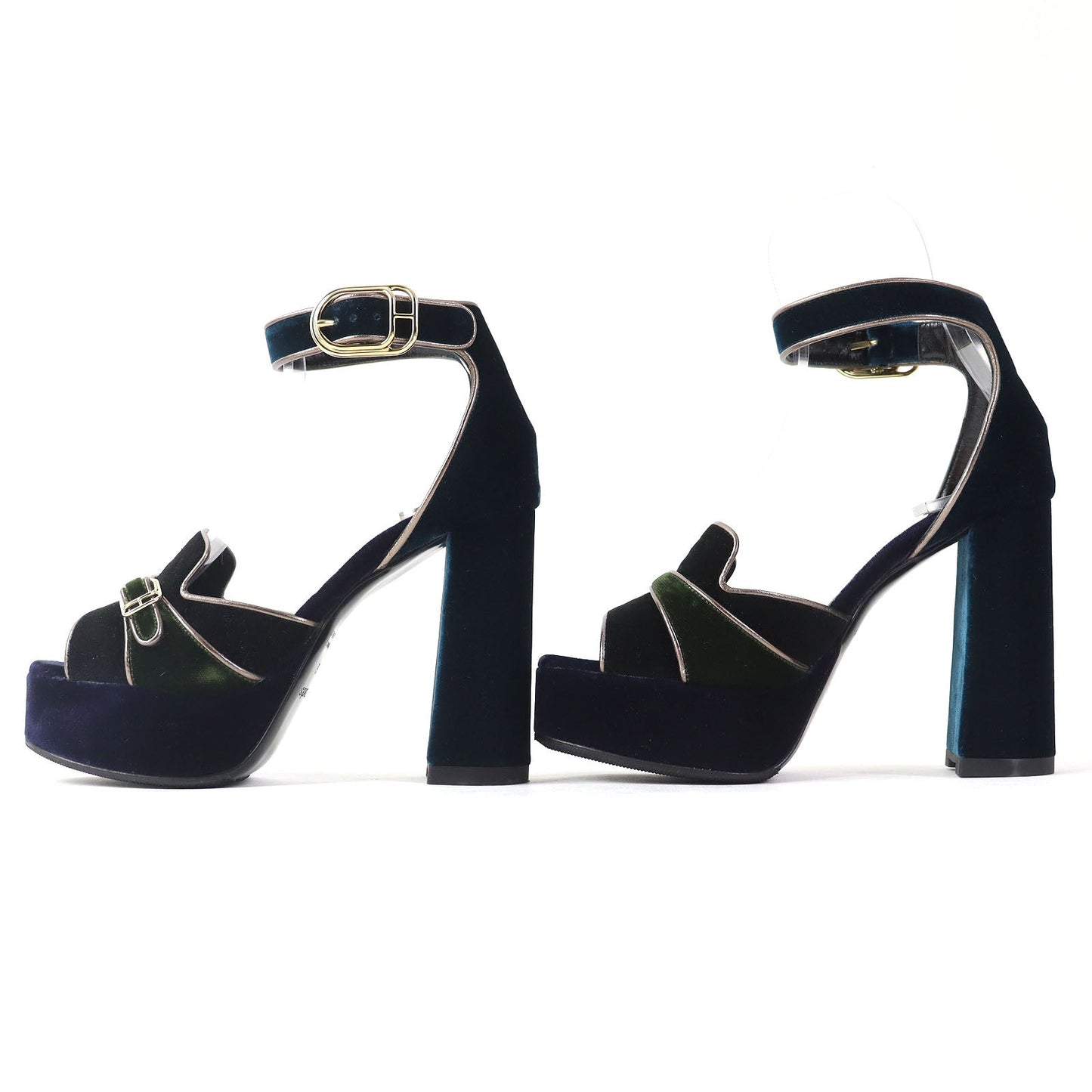 HERMÈS Violetta Ankle Strap Chunky Heel Sandals in Navy Velor, Size 36