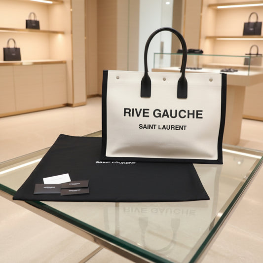SAINT LAURENT – Rive Gauche Tote Bag – Beige & Black Canvas with Leather Trim – Italy – 100% Authentic Previously Owned Pristine/Unused Condition ~42% Off MSRP