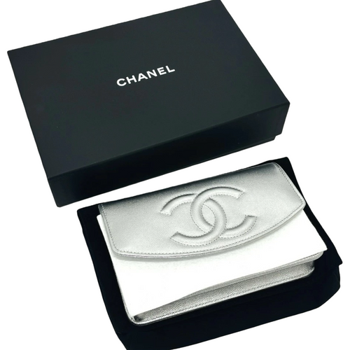 CHANEL Métiers d’Art Coco Mark Ketten-Portemonnaie Umhängetasche Silber Kaviar-Leder •Neuwertiger Zustand•Authentisch aus Vorbesitz