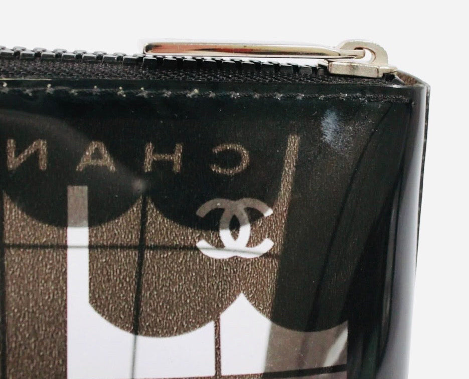 Chanel Windows Line Clear Pouch Black PVC Silver Hardware Previously Owned Authentic