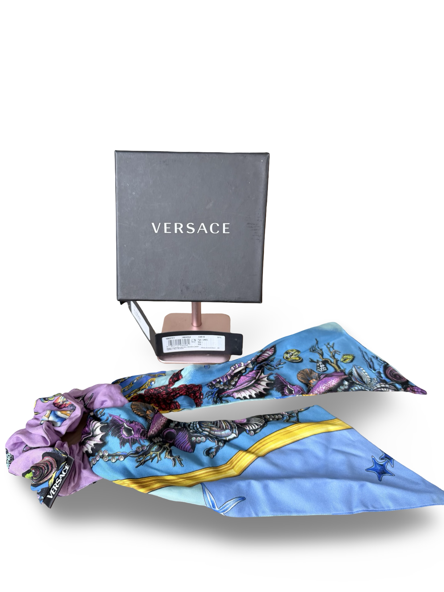 VERSACE – Trésor de la Mer Silk Scrunchie with Long Ribbon – Light Blue, Purple & Multicolor – 100% Silk – Made in Italy – 100% Authentic | Previously Owned