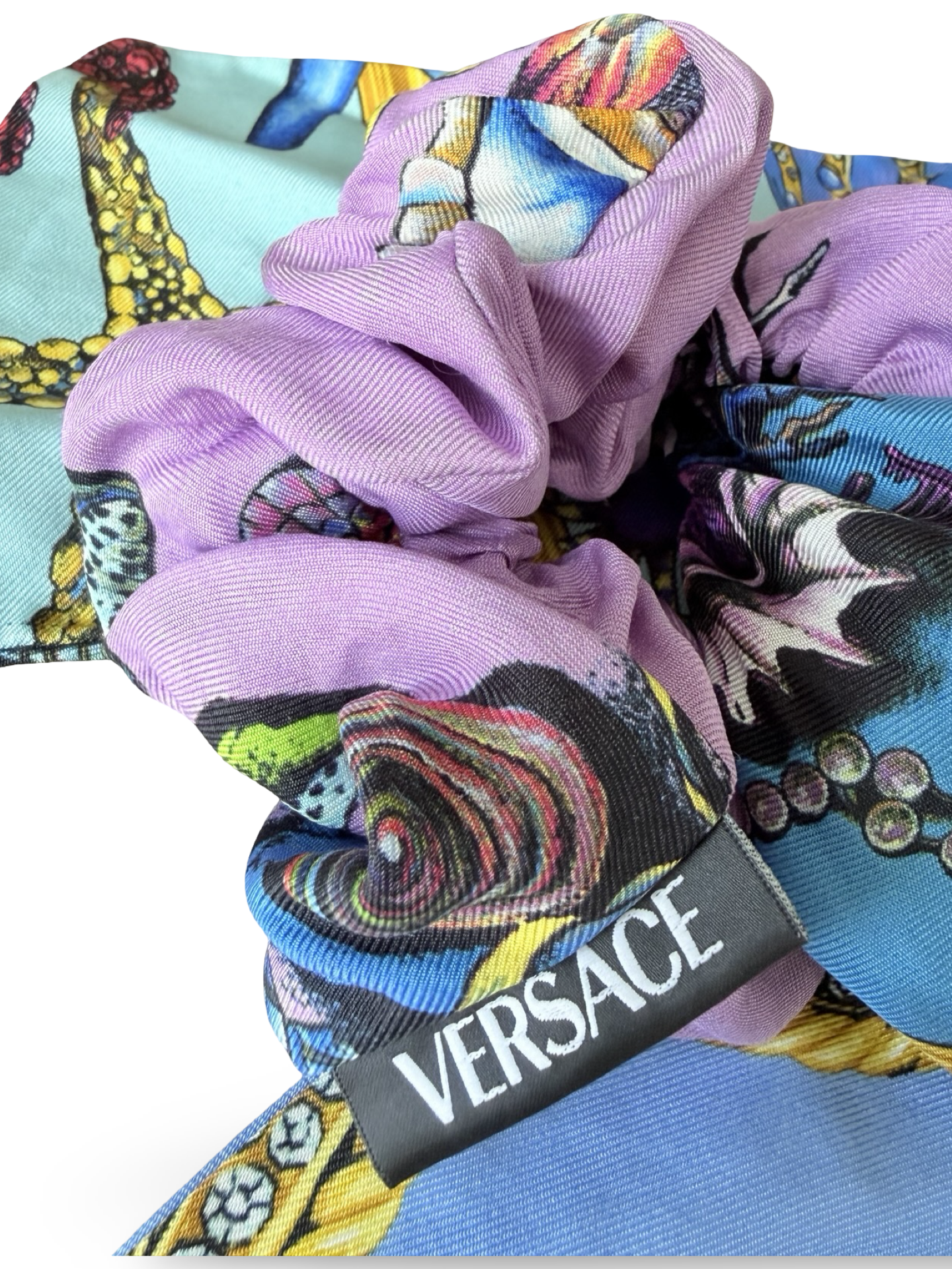 VERSACE – Trésor de la Mer Silk Scrunchie with Long Ribbon – Light Blue, Purple & Multicolor – 100% Silk – Made in Italy – 100% Authentic | Previously Owned