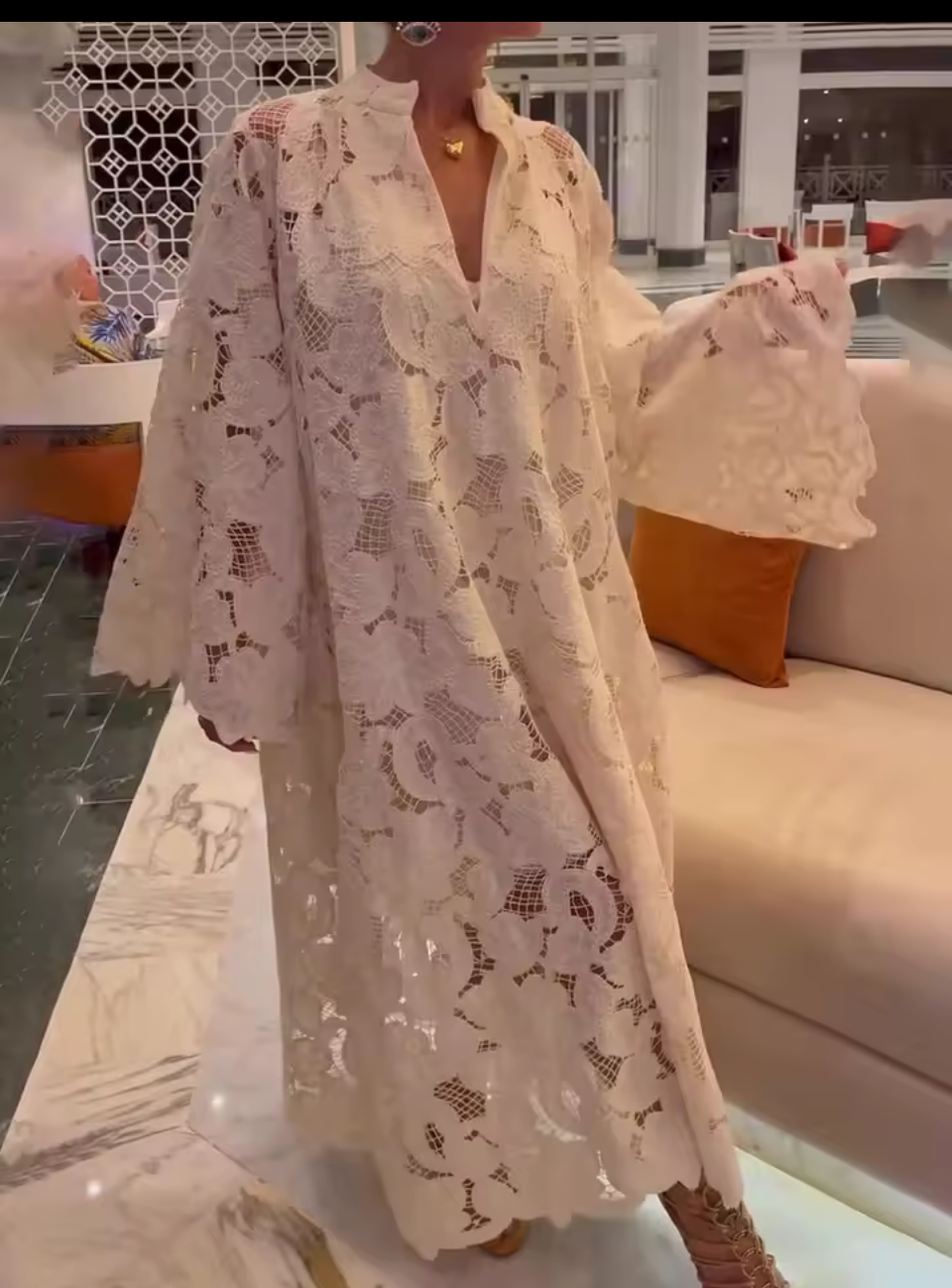 White Crochet Lace Maxi Dress V Neck Long Sleeve Loose Beach Holiday Dress Spring Summer 2026