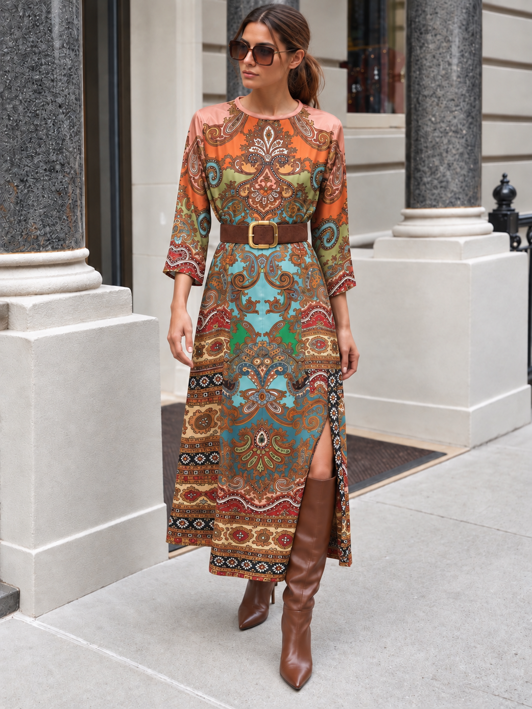 L’LUXE Ornamental Paisley Straight-Fit Maxi Shirt Dress with Tie Belt