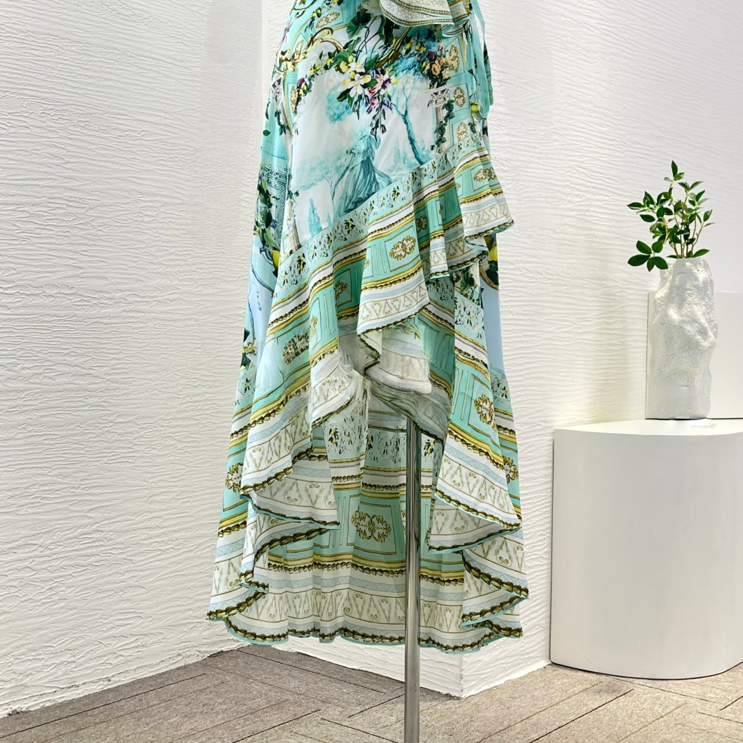 Green Floral 100% Silk Wrap Midi Dress
