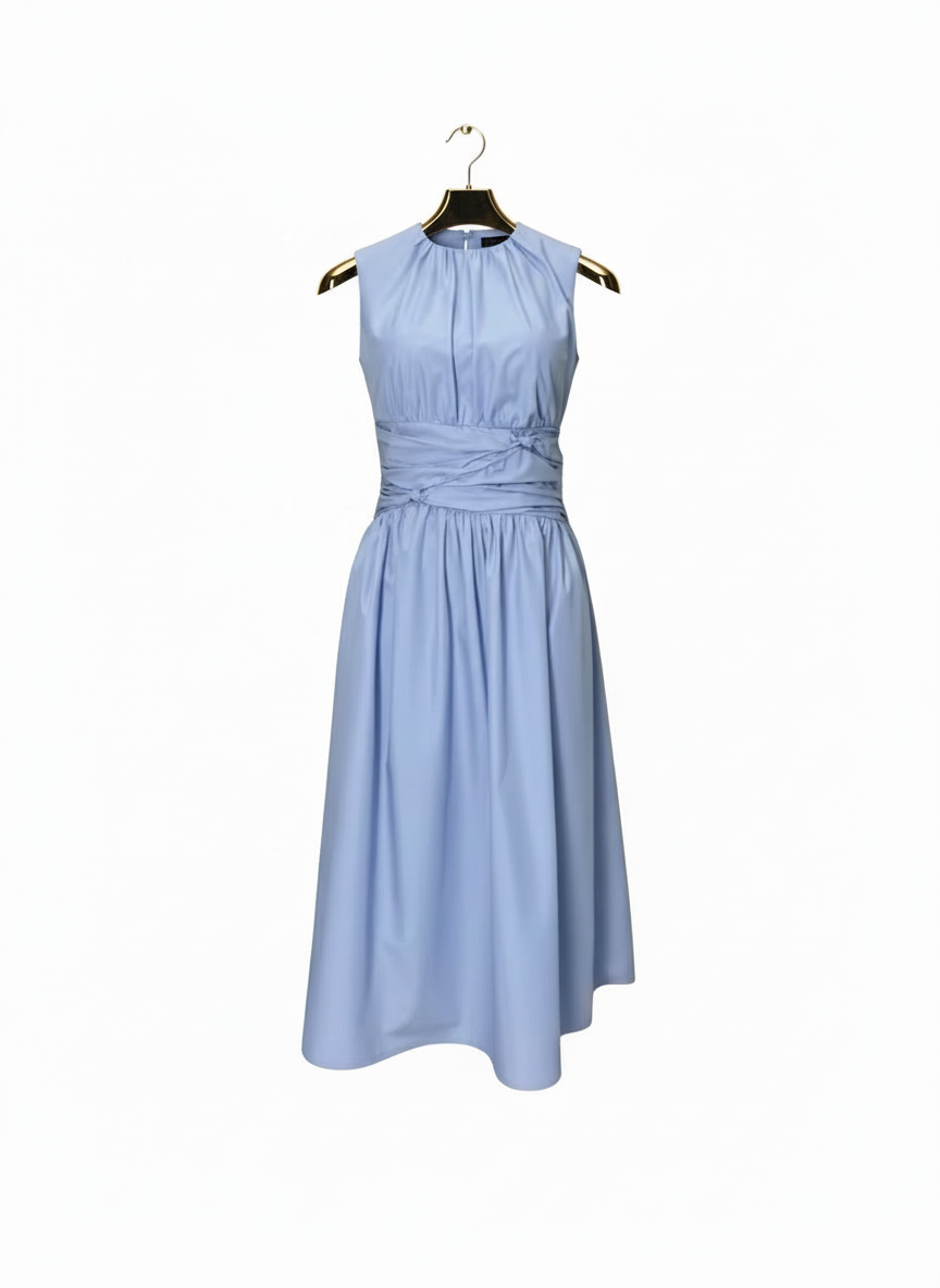 Blue Sleeveless Ruched Waist Midi Dress