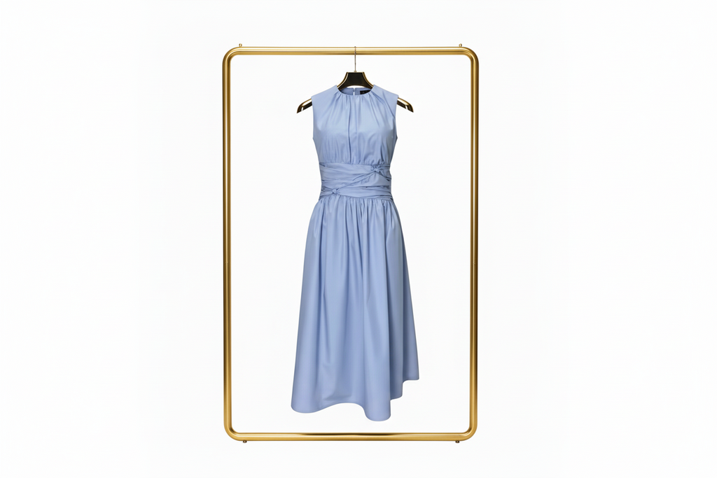 Blue Sleeveless Ruched Waist Midi Dress