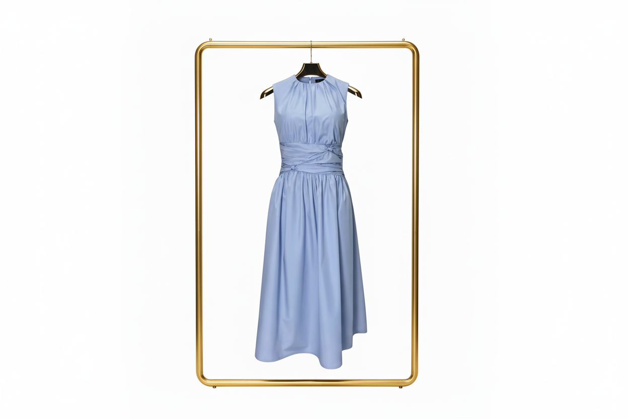 Blue Sleeveless Ruched Waist Midi Dress