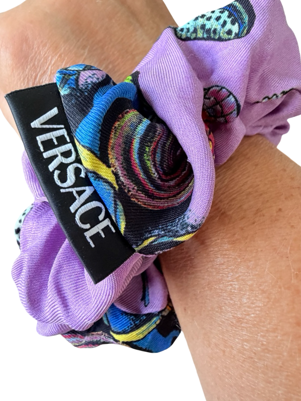 VERSACE – Trésor de la Mer Silk Scrunchie with Long Ribbon – Light Blue, Purple & Multicolor – 100% Silk – Made in Italy – 100% Authentic | Previously Owned
