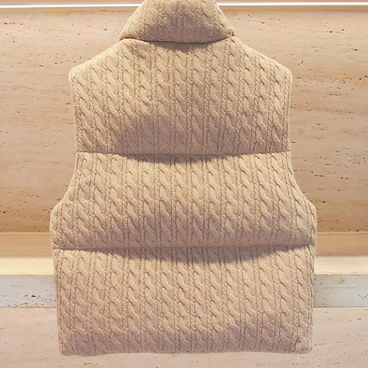 Cable-Knit Padded Zip Vest – Beige