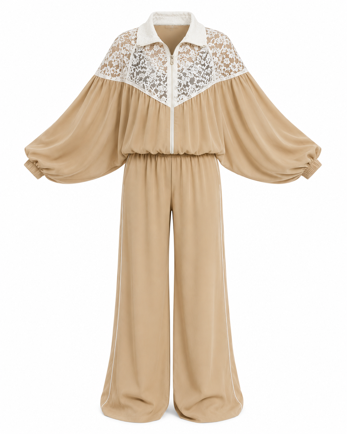 Pre-Order L’LUXE Atelier Lace-Yoke Batwing Jacket & Wide-Leg Pant Matching Co–Ord Outfit-Beige