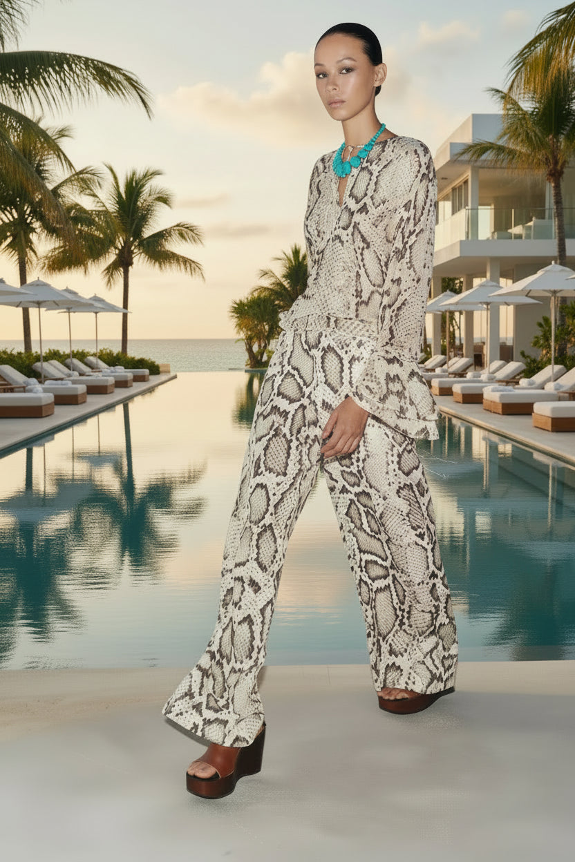 Women’s Snake Print Blouse & Wide-Leg Pants Set | Lightweight Vacation & Summer
