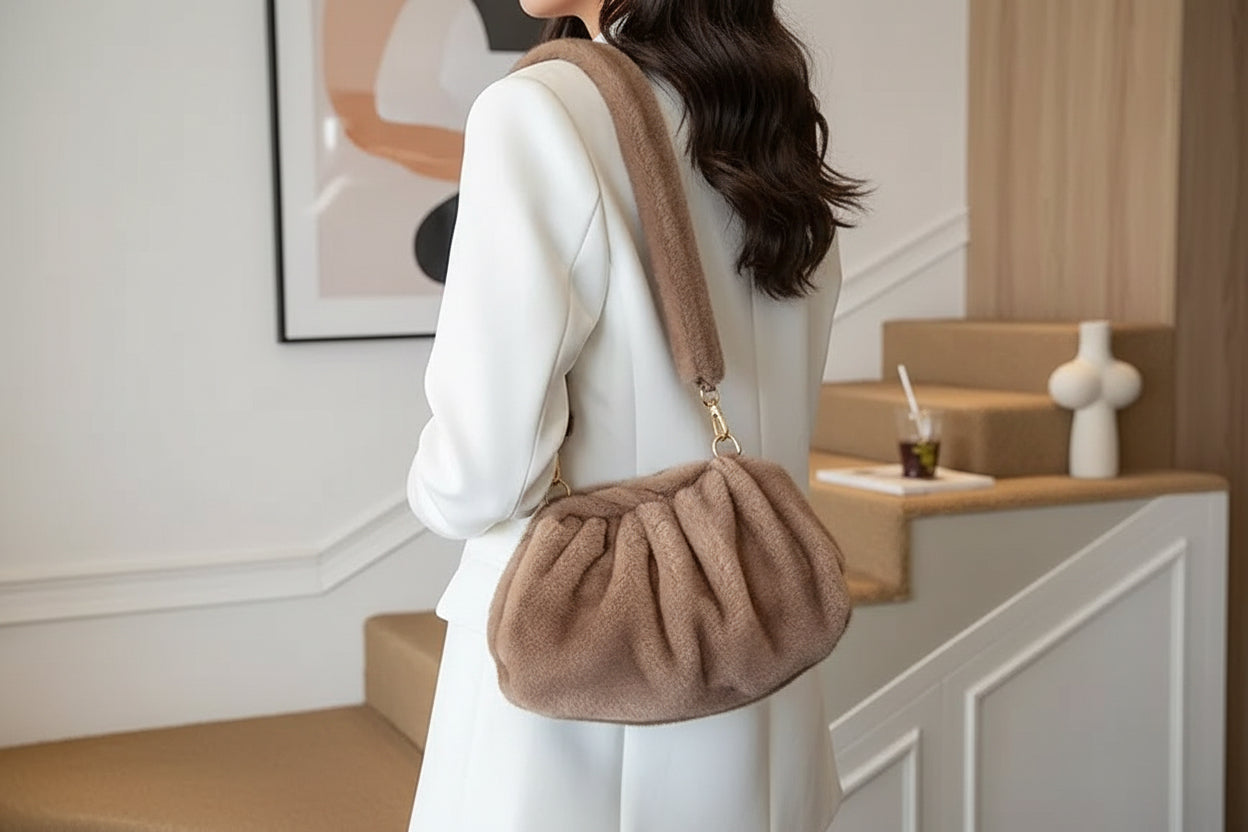 Plush Ruched Shoulder Bag | Soft Faux Fur Clutch Crossbody for Women