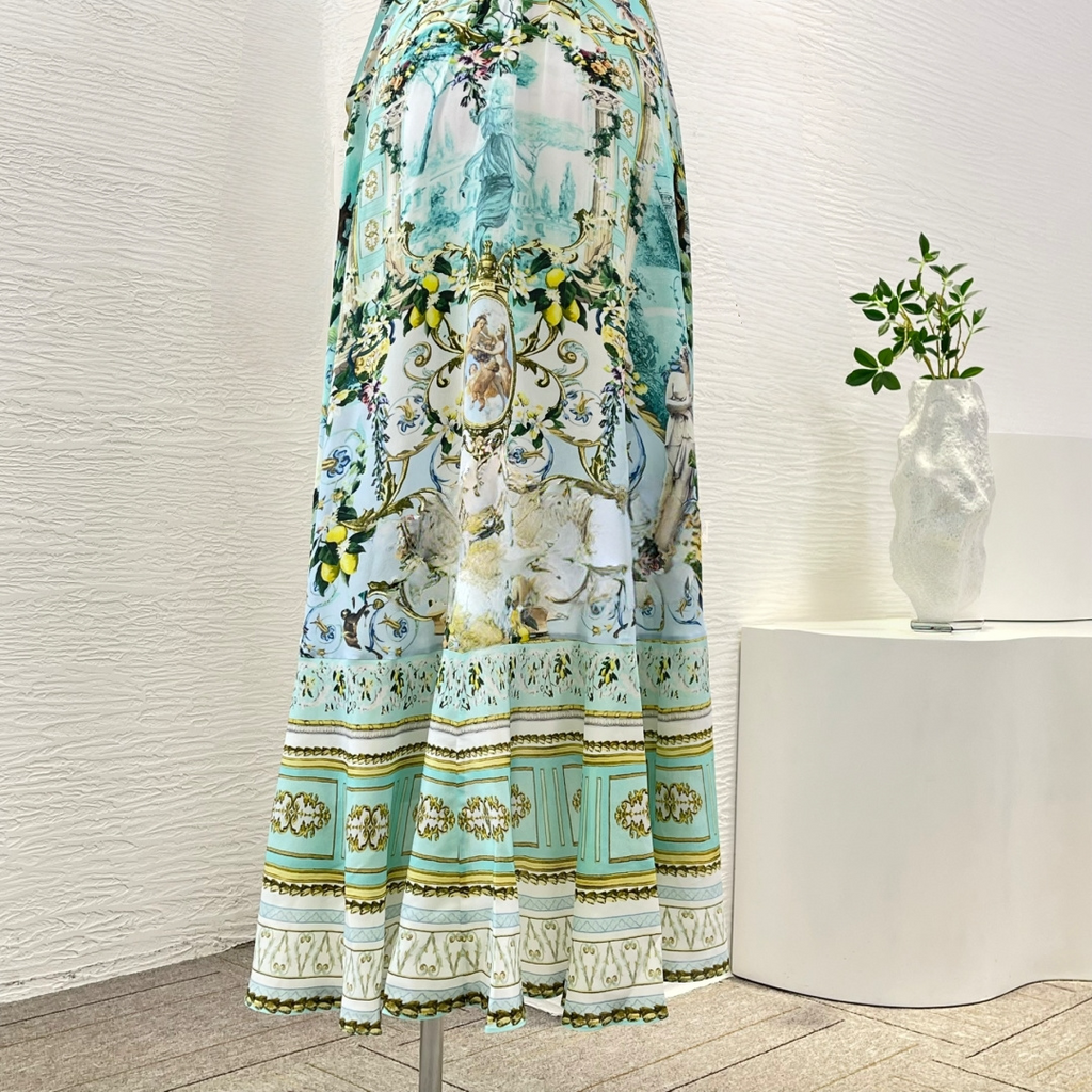Green Floral 100% Silk Wrap Midi Dress
