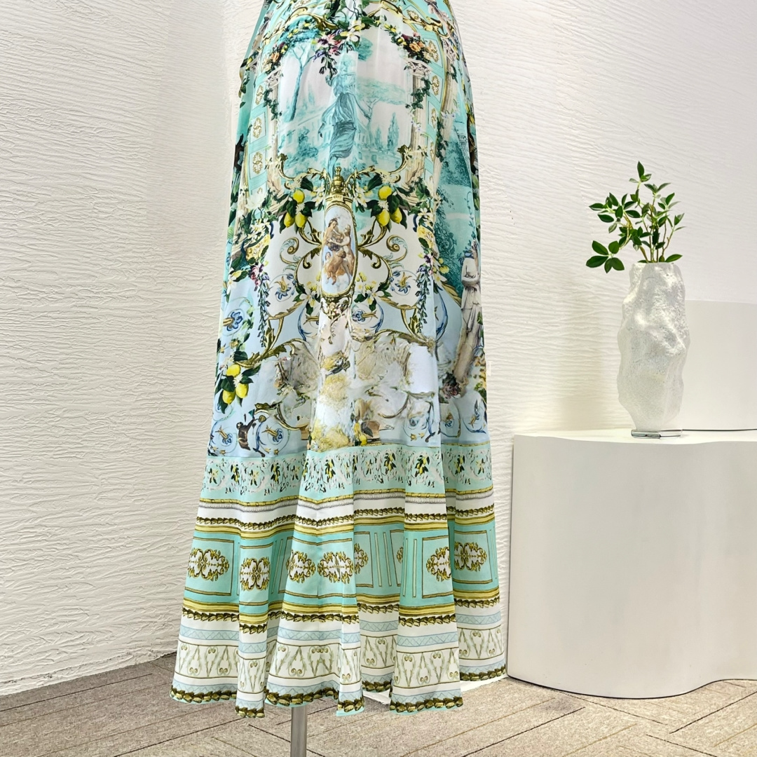 Green Floral 100% Silk Wrap Midi Dress