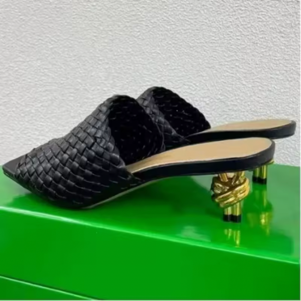 Woven open-toe mule heels