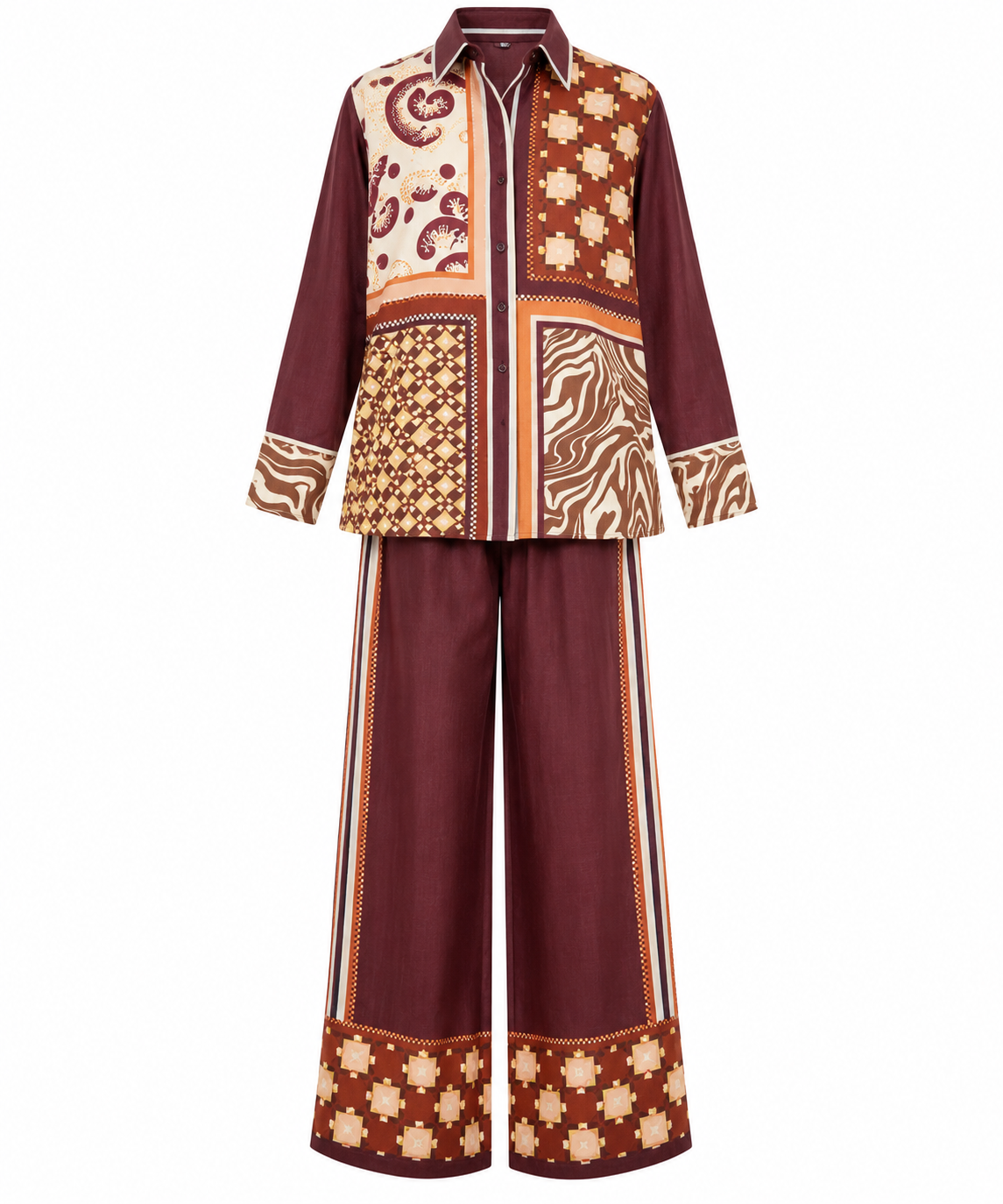 Burgundy Seiden-Einzelteile mit Schal-Print | Top, Hemd oder weite Hose | passende Sets