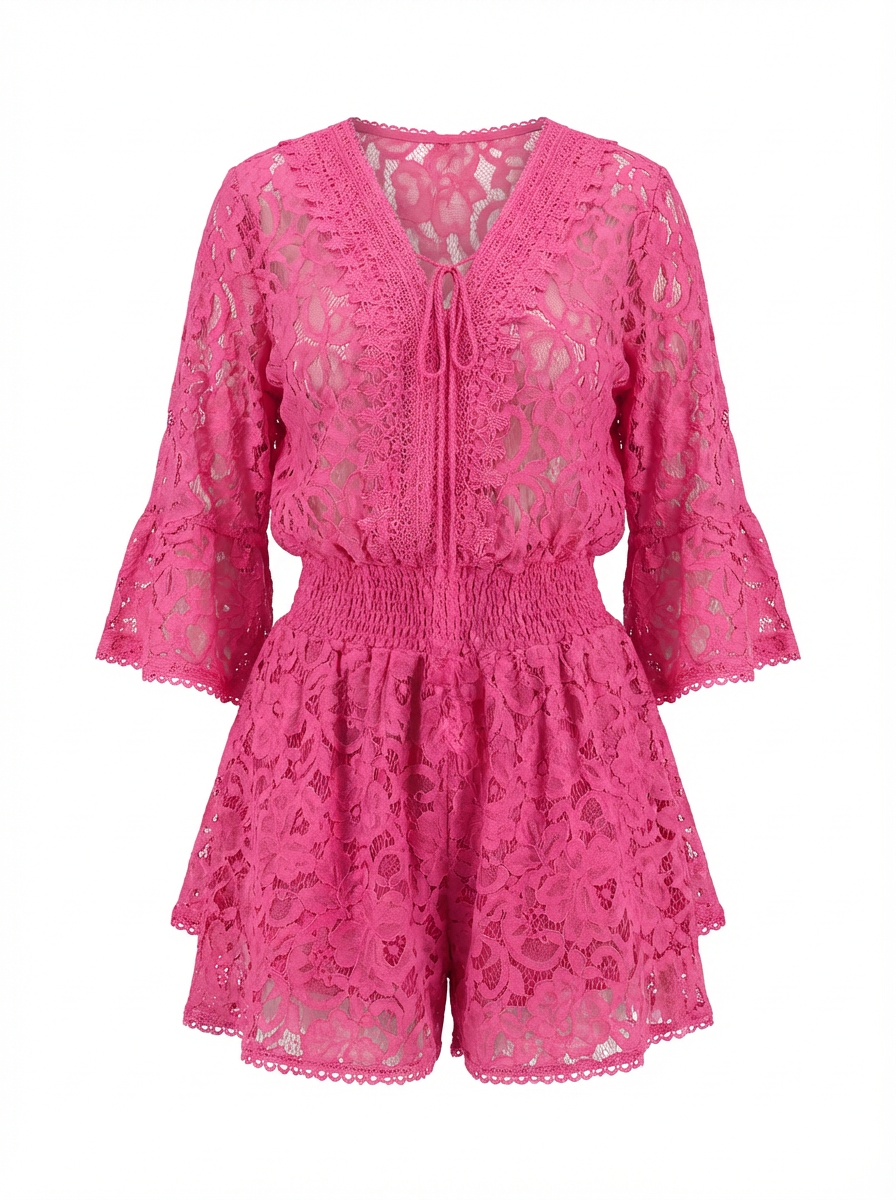 Women’s Lace Two-Piece Set – V-Neck Top & Flowy Shorts, Bell Sleeves, Summer  Outfit