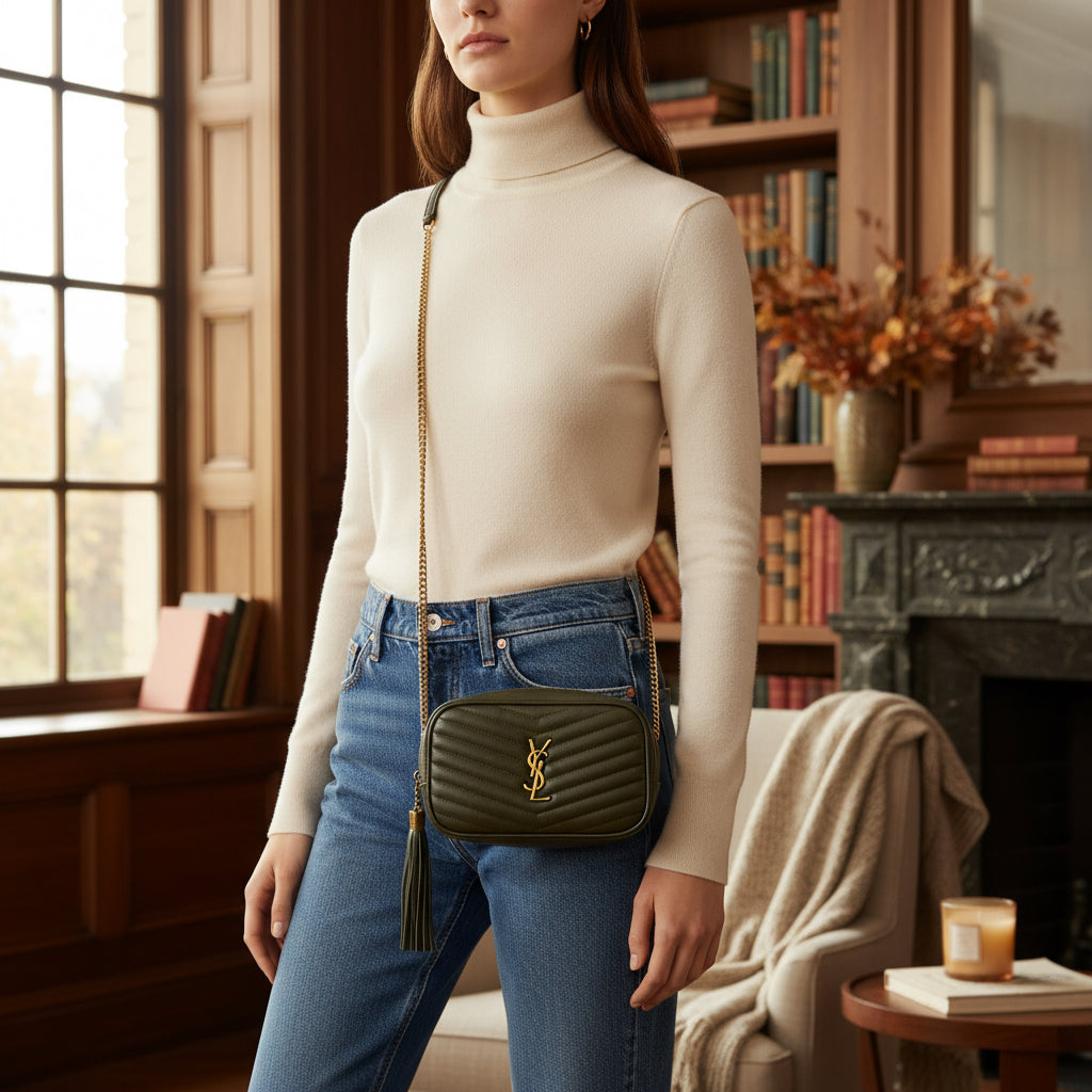 SAINT LAURENT – Lou Mini Camera Bag  – Calfskin Khaki – 100% Authentic Previously Owned Near Pristine Condition