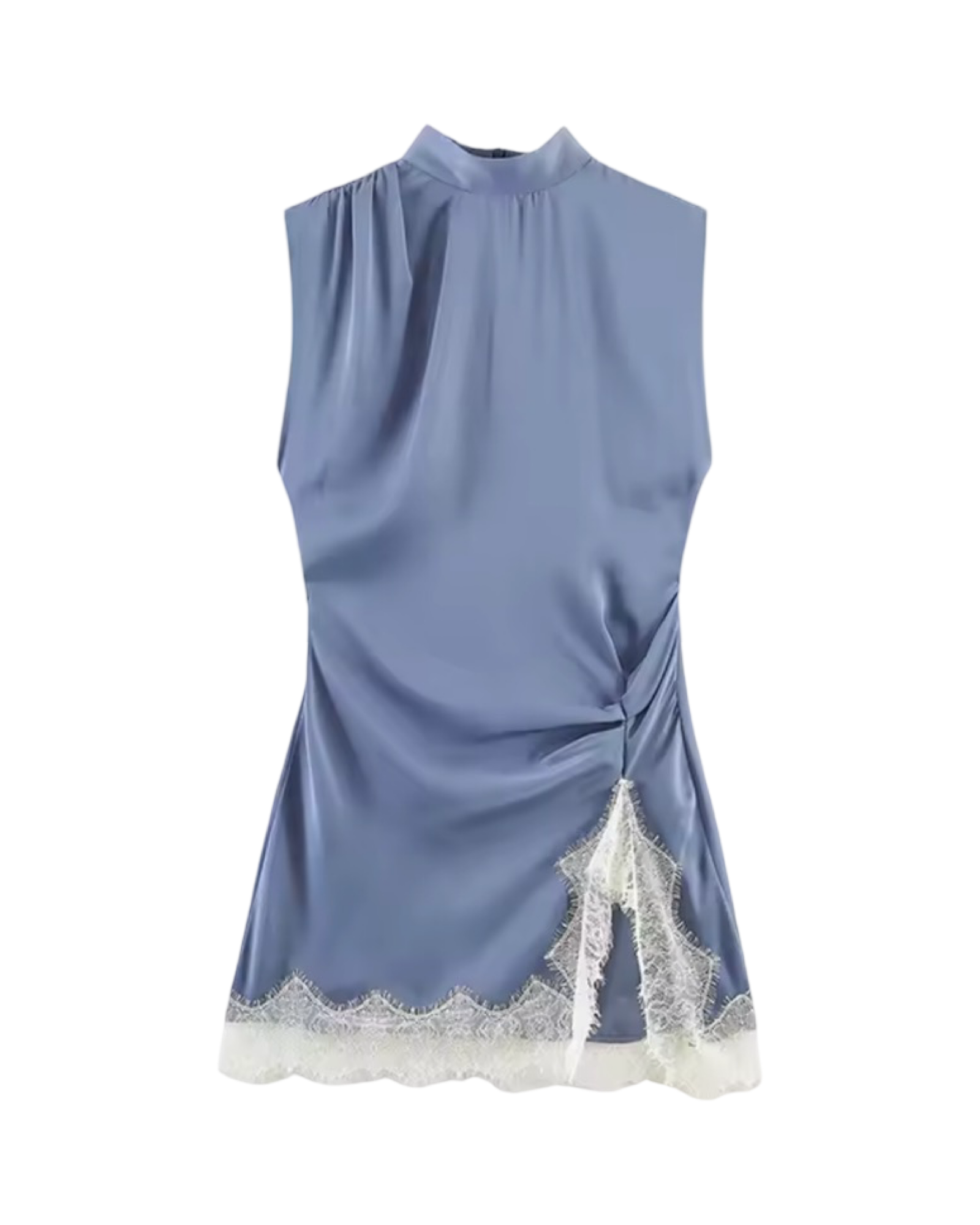 Sleeveless Lace Hem Pleated Mini Dress – Mock Neck Back Zipper Chic Dress