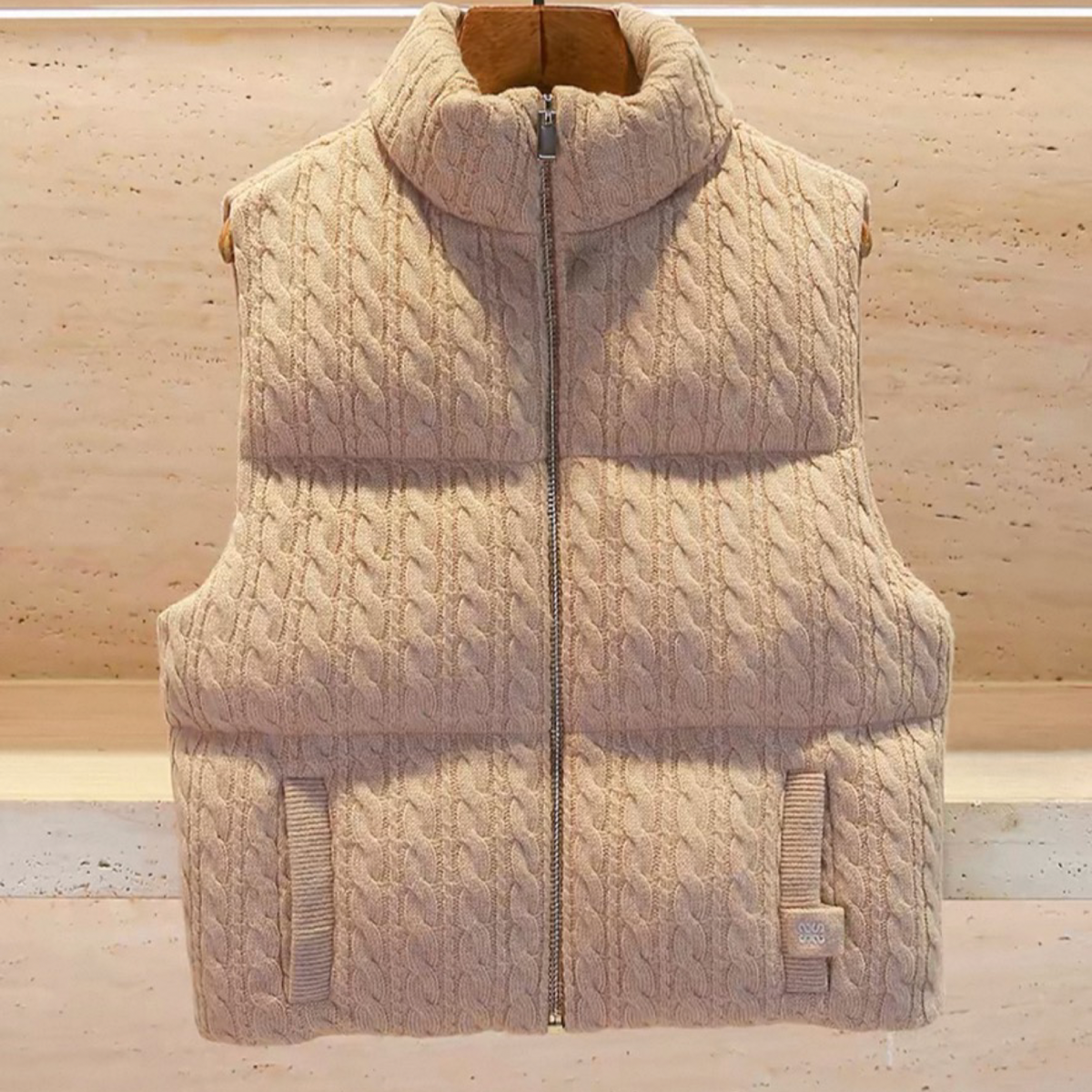Cable-Knit Padded Zip Vest – Beige