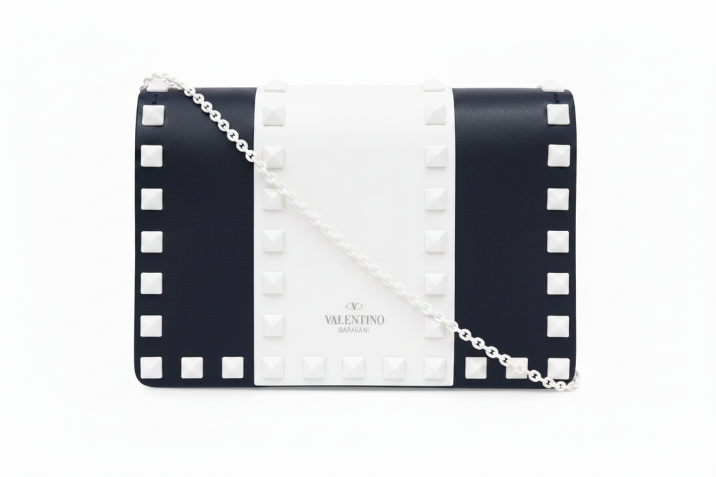 VALENTINO GARAVANI Free Rockstud Spike Leather Shoulder Bag — Navy & White Authentic Previously Owned