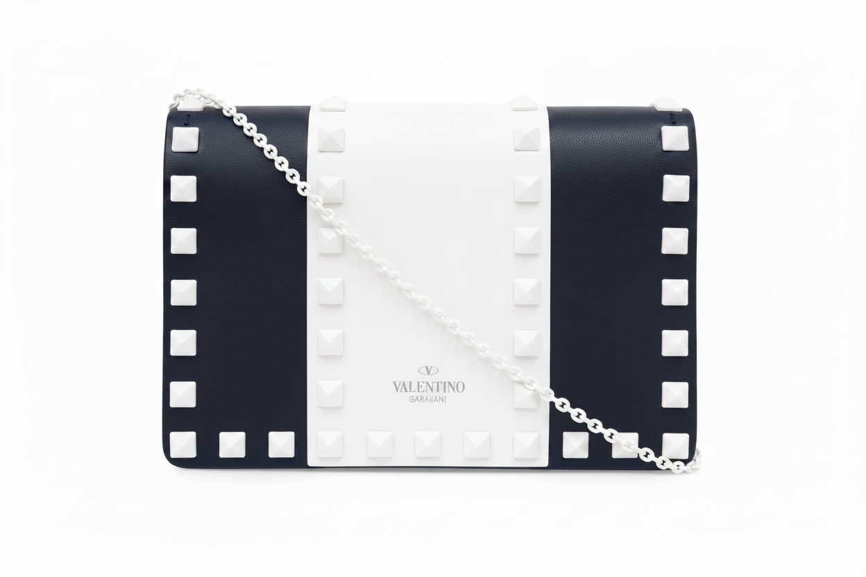 VALENTINO GARAVANI Free Rockstud Spike Leather Shoulder Bag — Navy & White Authentic Previously Owned