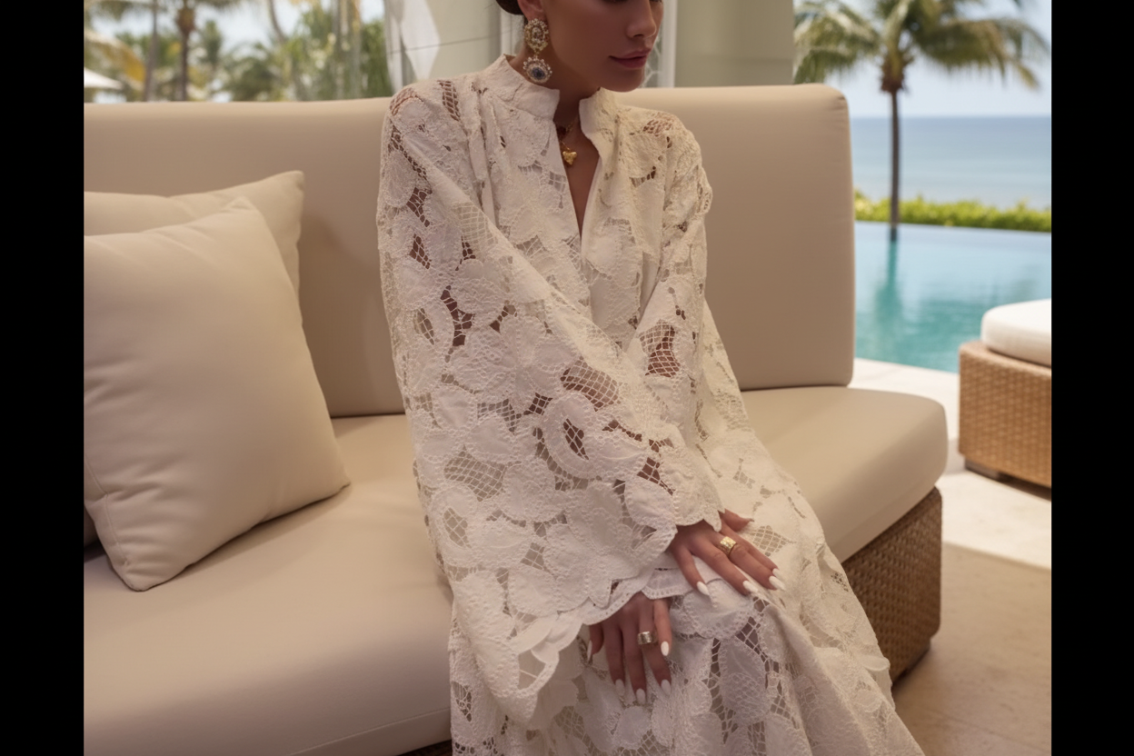 White Crochet Lace Maxi Dress V Neck Long Sleeve Loose Beach Holiday Dress Spring Summer 2026