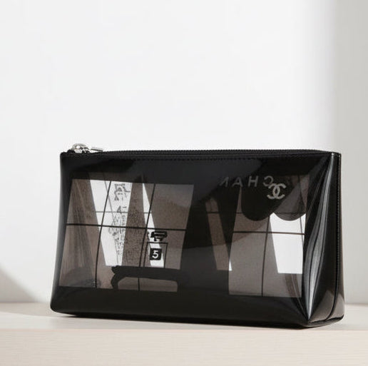 Chanel Windows Line Clear Pouch Black PVC Silver Hardware Previously Owned Authentic