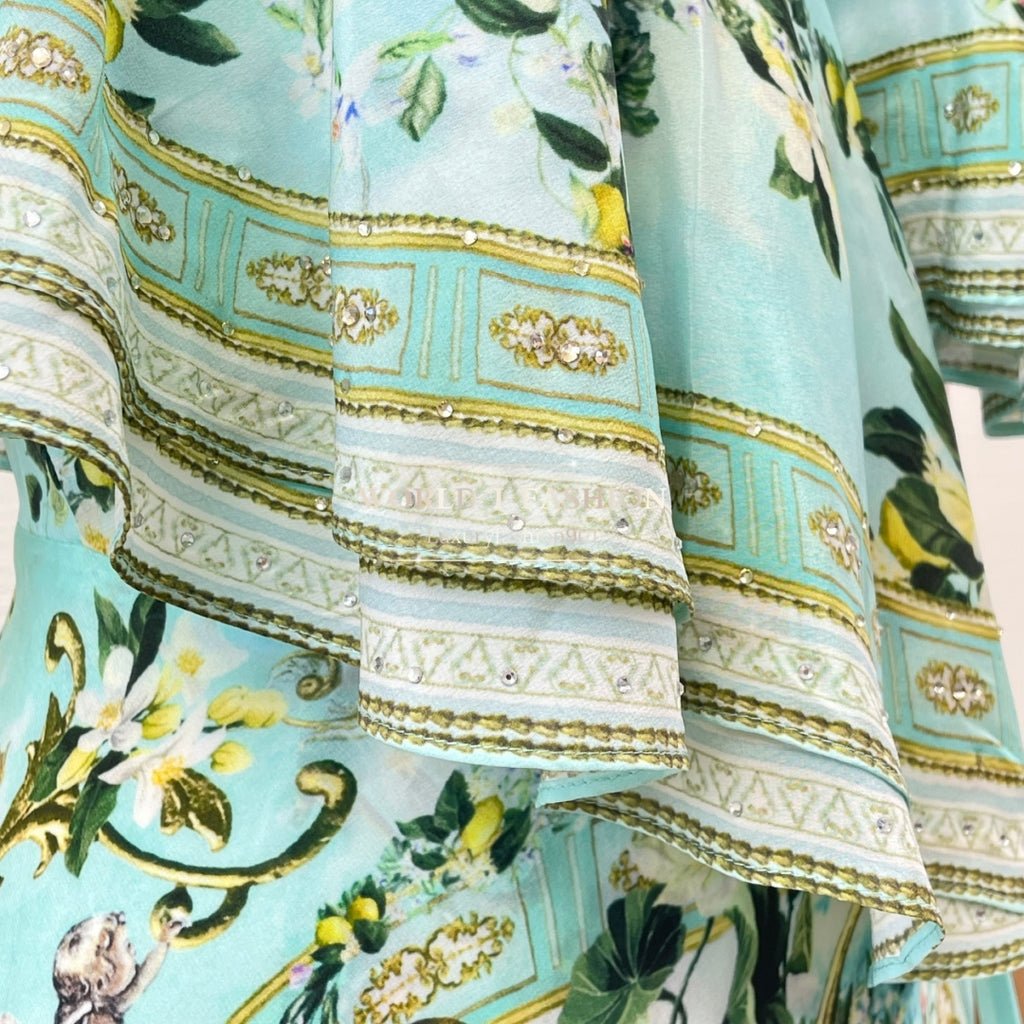Green Floral 100% Silk Wrap Midi Dress