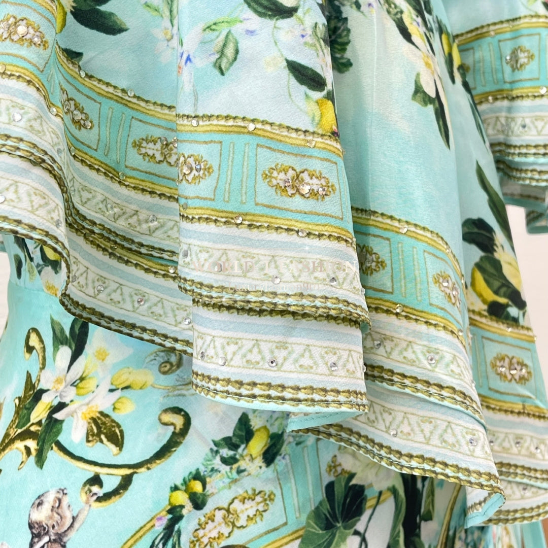 Green Floral 100% Silk Wrap Midi Dress