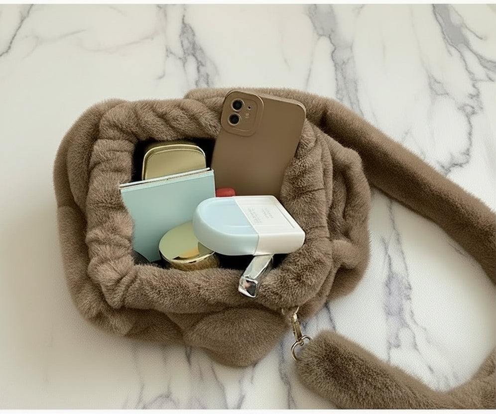 Plush Ruched Shoulder Bag | Soft Faux Fur Clutch Crossbody for Women