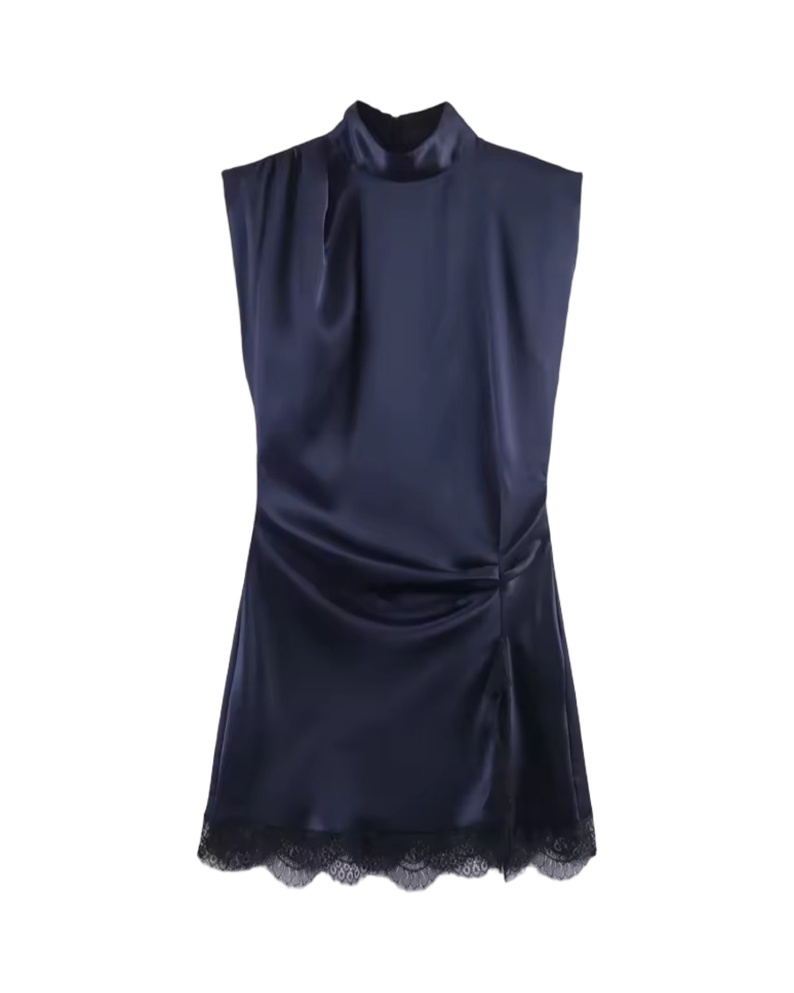 Sleeveless Lace Hem Pleated Mini Dress – Mock Neck Back Zipper Chic Dress