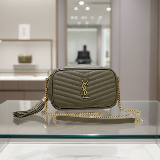 SAINT LAURENT – Lou Mini Camera Bag  – Calfskin Khaki – 100% Authentic Previously Owned Near Pristine Condition