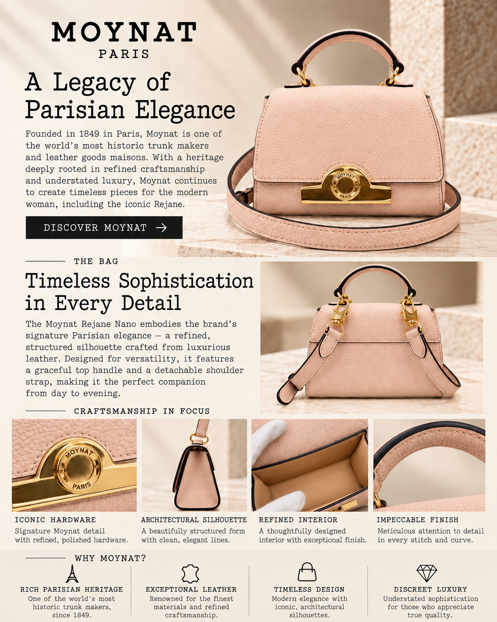 Moynat Réjane Nano Pink Beige Leather 2-Way Mini Handbag Authentic Previously Owned