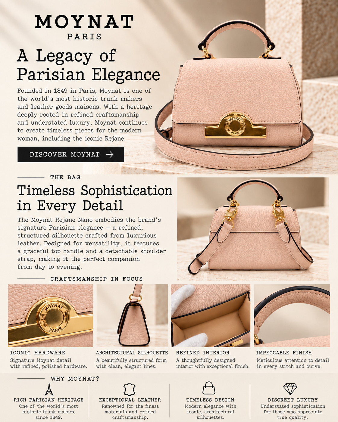 Moynat Réjane Nano Pink Beige Leather 2-Way Mini Handbag Authentic Previously Owned