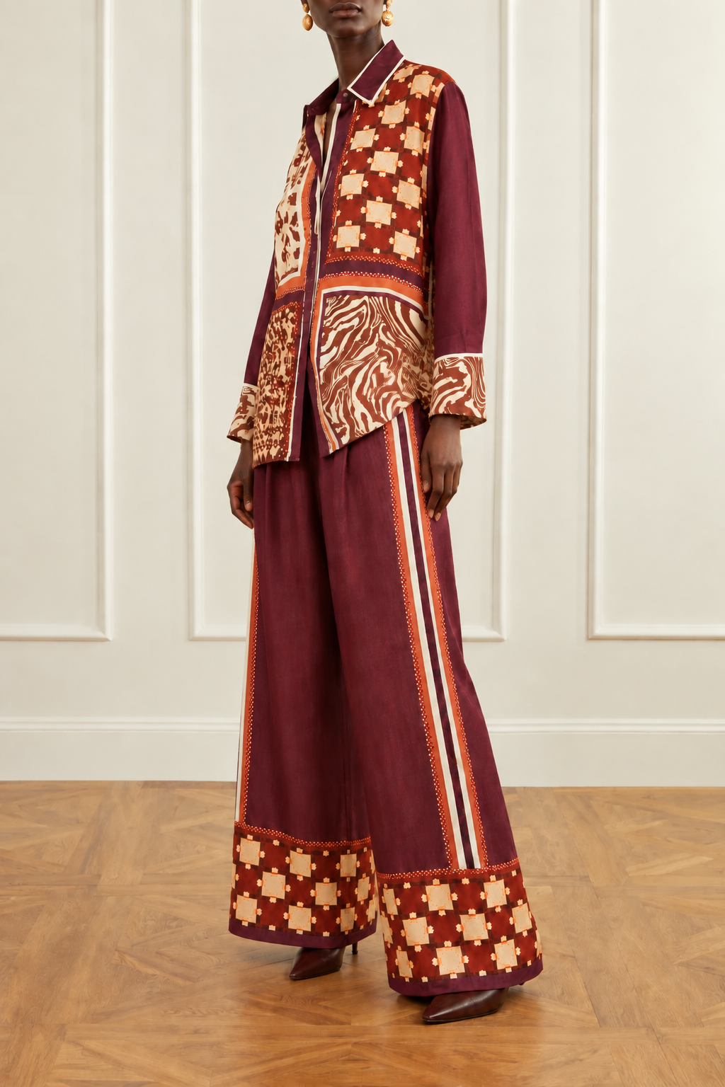 Burgundy Seiden-Einzelteile mit Schal-Print | Top, Hemd oder weite Hose | passende Sets