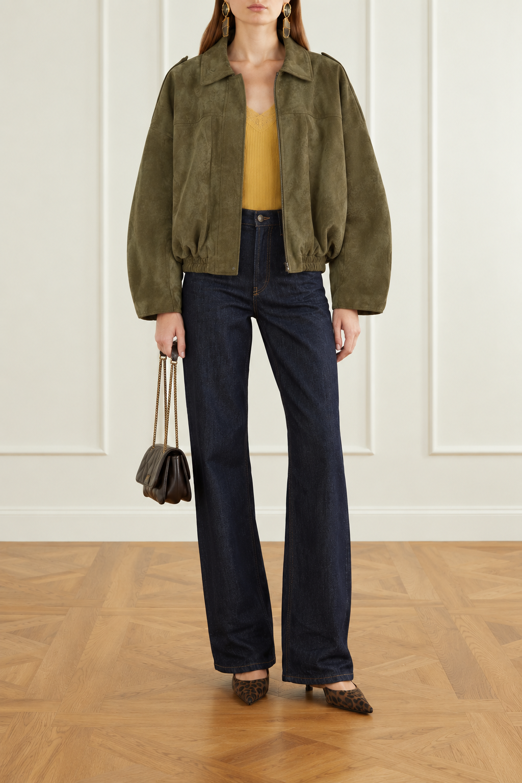 Relaxed khaki bomber jacket with a soft suede-effect finish, oversized dropped shoulders and contemporary cropped silhouette.