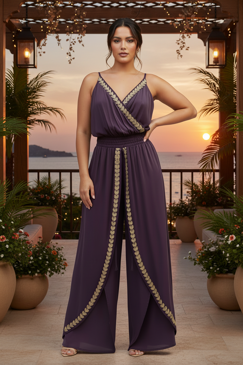 Purple Gold-Trim V-Neck WrapJumpsuit * Last Chance * Ships 1-2 days