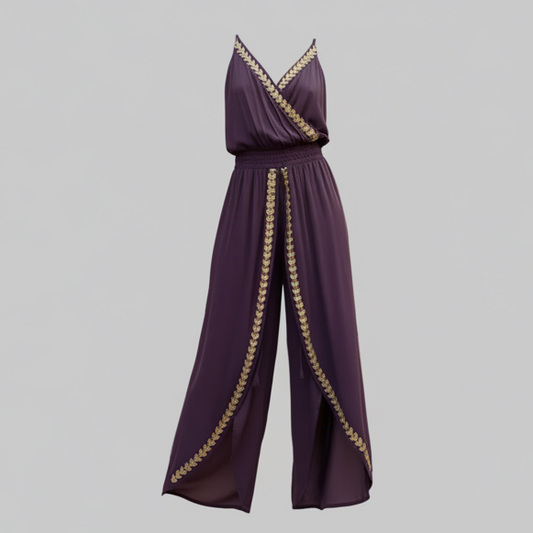 Woman’s Purple Gold-Trim V-Neck Wrap Jumpsuit
