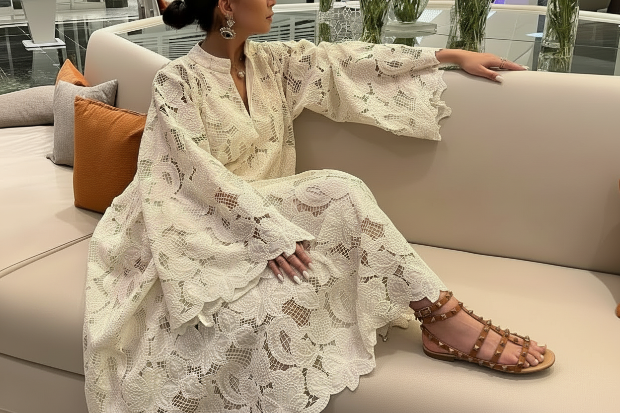 White Crochet Lace Maxi Dress V Neck Long Sleeve Loose Beach Holiday Dress Spring Summer 2026