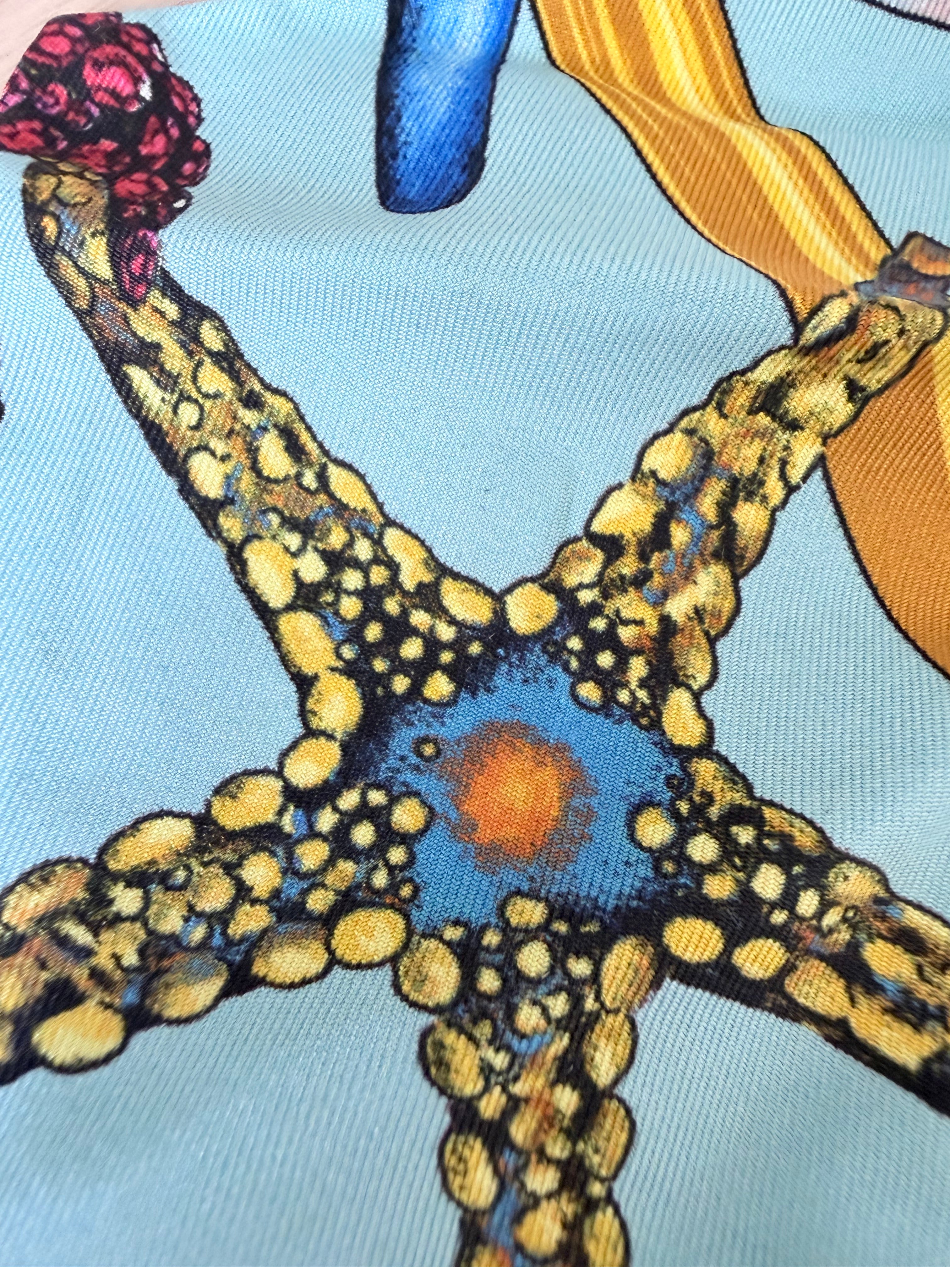 VERSACE – Trésor de la Mer Silk Scrunchie with Long Ribbon – Light Blue, Purple & Multicolor – 100% Silk – Made in Italy – 100% Authentic | Previously Owned