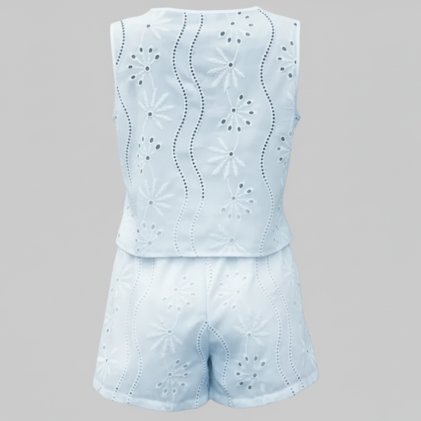 Eyelet Embroidered V-Neck Sleeveless Shorts Two-Piece Set