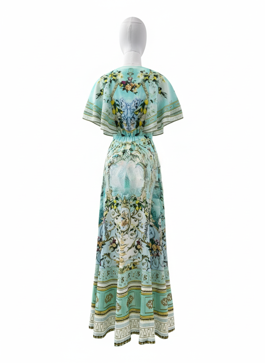 Green Floral 100% Silk Wrap Midi Dress