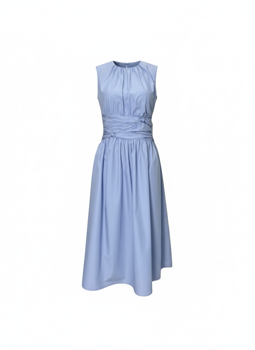Blue Sleeveless Ruched Waist Midi Dress