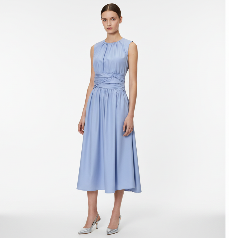 Blue Sleeveless Ruched Waist Midi Dress